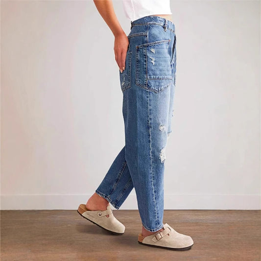 Broken Hole Straight Tube Casual Splicing Loose Jeans for Women