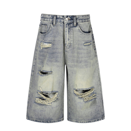 Mens Ripped Cropped Denim Pants — Vintage Blue Loose Fit Street Style