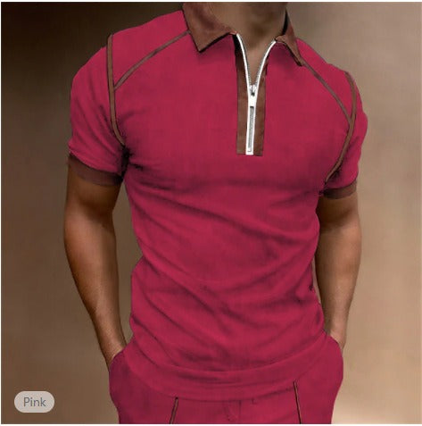 Men's Color Matching Short Sleeve Polo Shirts with Zipper