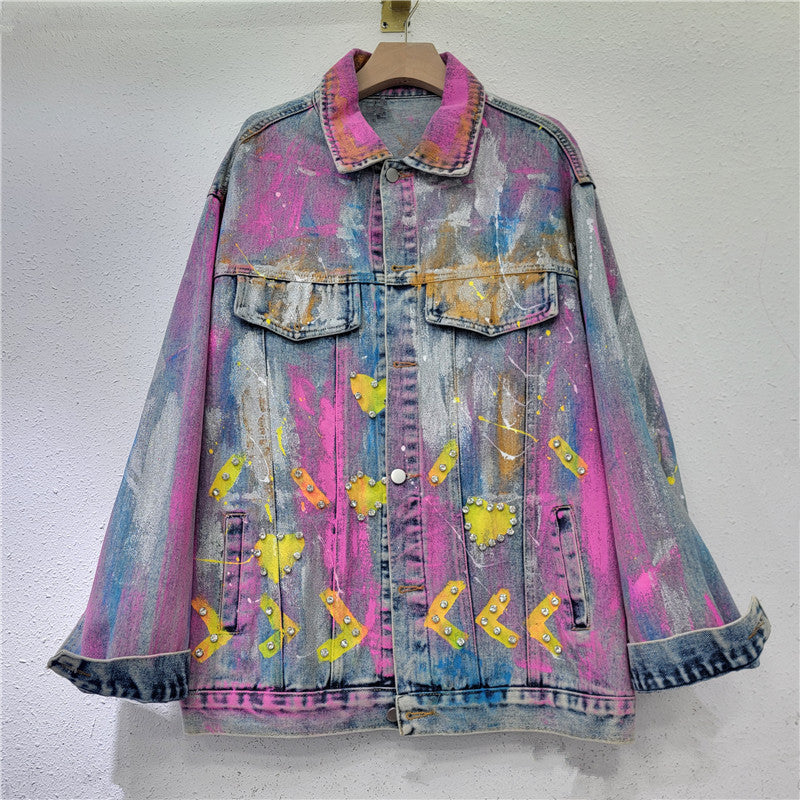Women's Colorful Heart-Shaped Graffiti Denim Coat with Diamond Details