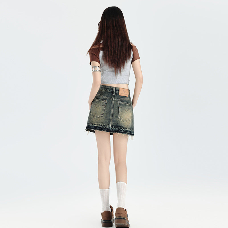 Women's Vintage Distressed Denim Mini Skirt - High Waisted Slim Fit Bodycon