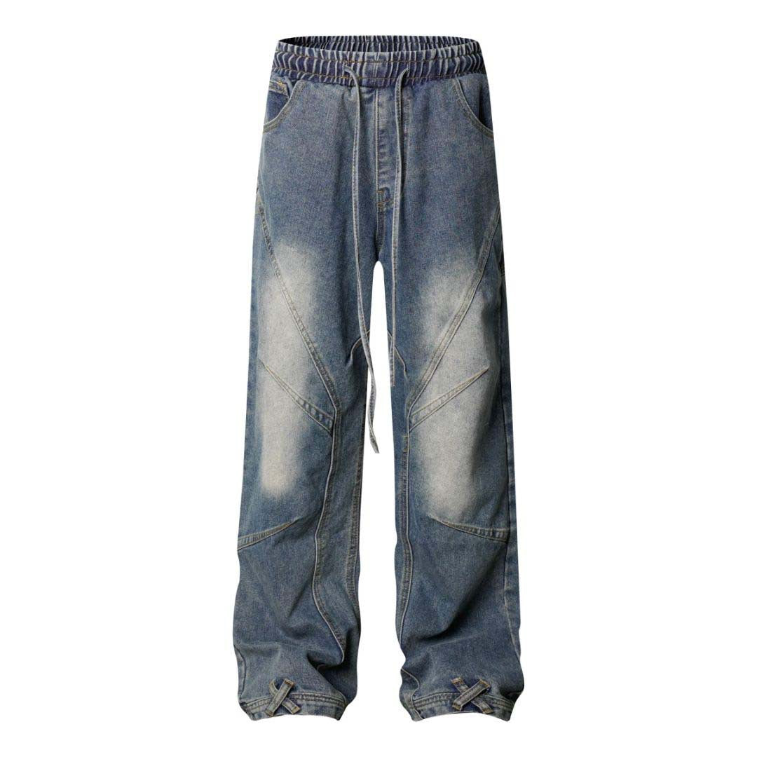 High Street Washed Distressed Pleated Reverse Denim Pants - Unisex Loose Wide Leg Straight Trousers