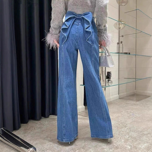 Back Bow Design Denim Pants - Splicing Spicy Girl