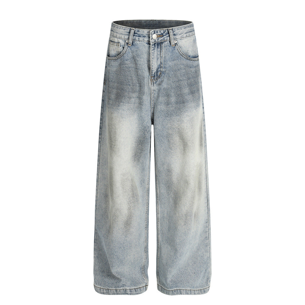 Street Style Men's Distressed Denim Jeans with Faded and Cat-Whisker Effects, Loose Fit, Trendy Casual Pants