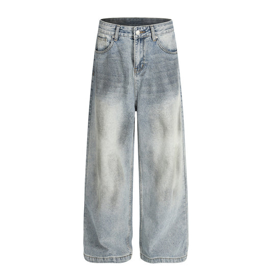 Street Style Men's Distressed Denim Jeans with Faded and Cat-Whisker Effects, Loose Fit, Trendy Casual Pants