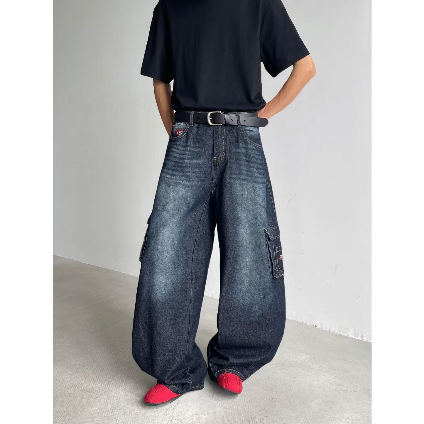 Washed Multi Pocket Workwear Denim Loose Straight Leg Pants