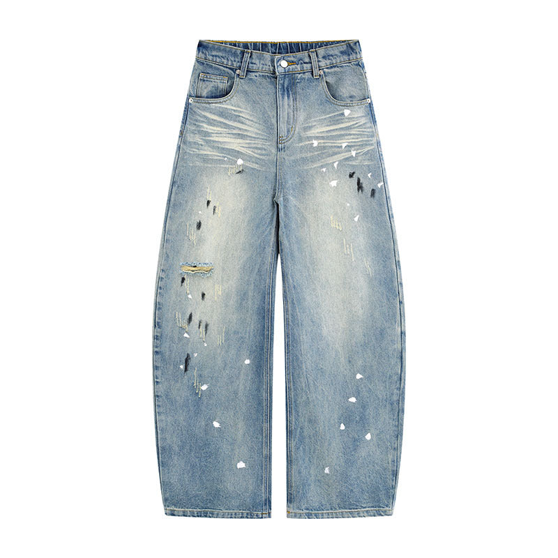 Slashed Denim Pants Water Washed Loose Straight Wide Leg Denim Trousers for Men