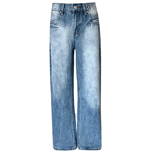 Women's Cracked Wash Blue Loose Vintage Straight Floor-Length Pants