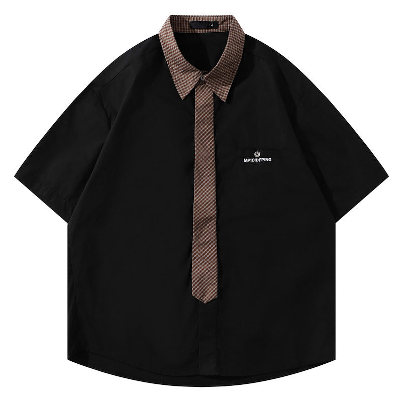 Short Sleeve Shirt for Men and Women, Loose Hong Kong Style Couple Tie Plaid Blouse