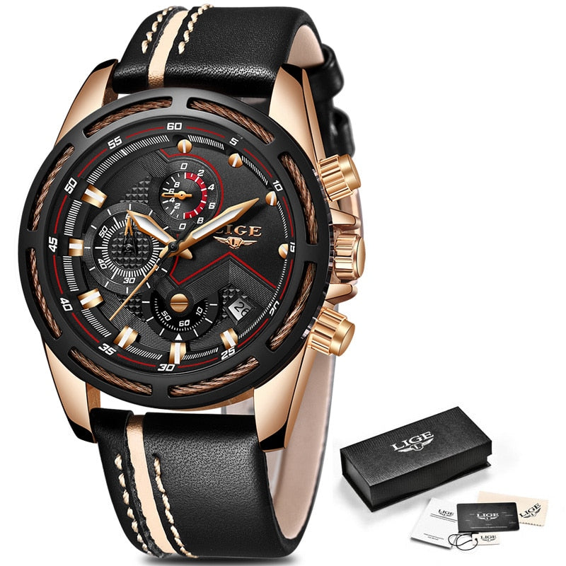 Men's Luxury Gold Waterproof Sport Quartz Watch with Leather Band