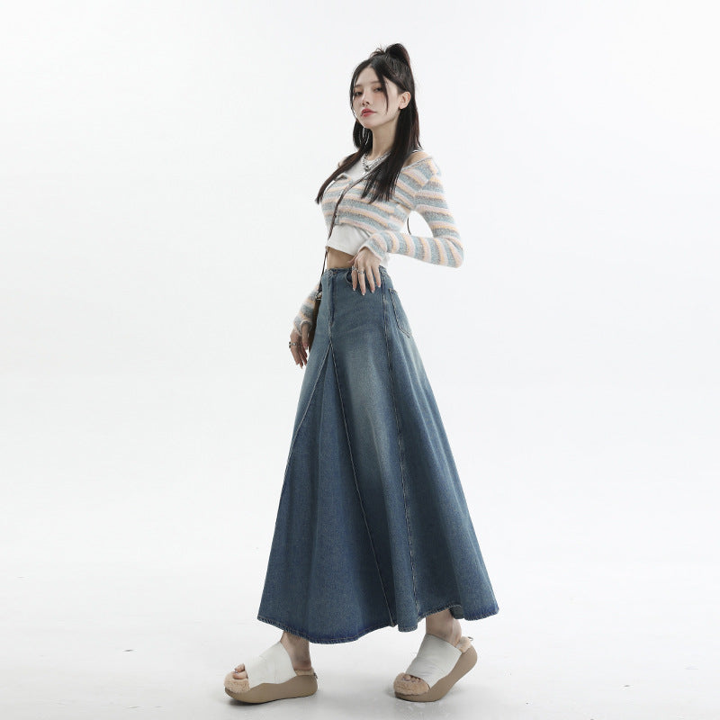 Women's Denim A-Line Midi Skirt with Spliced Design