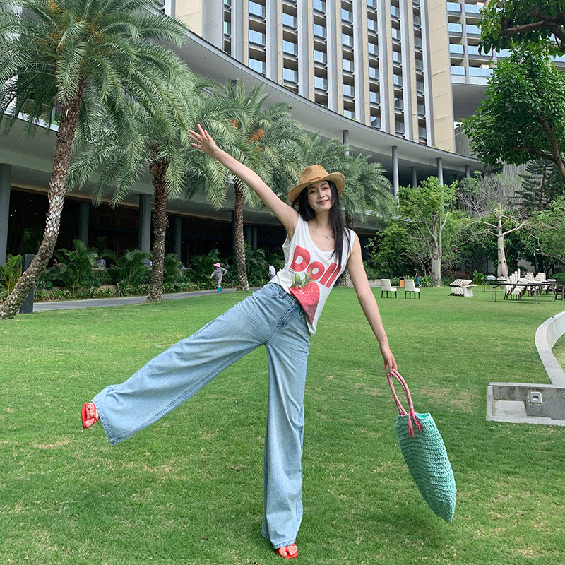 Women's Lightweight Washed Denim Summer High-Waist Wide-Leg Trousers