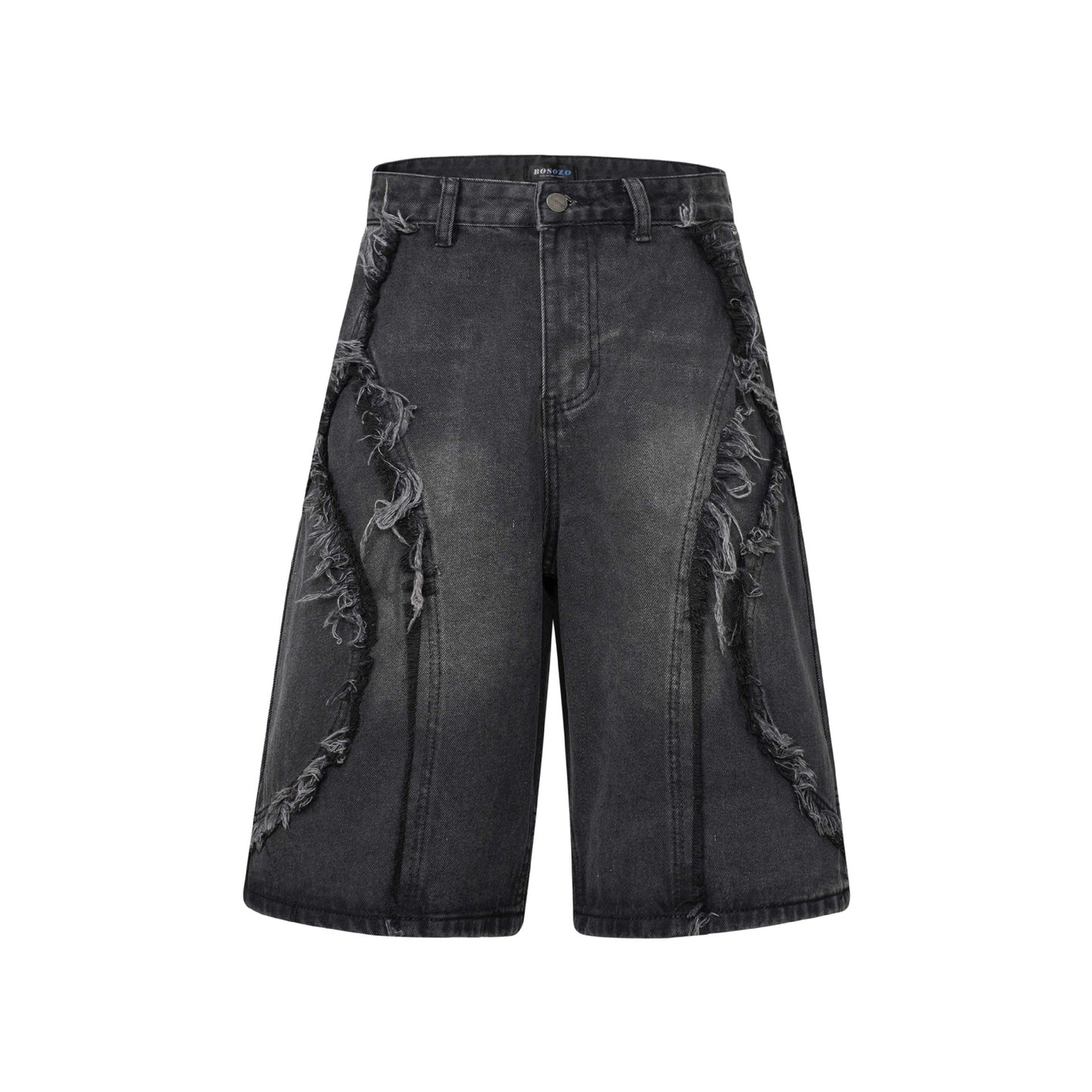 Washed Distressed Patchwork Cat Whisker Denim Shorts - Unisex Loose Wide Leg Pants