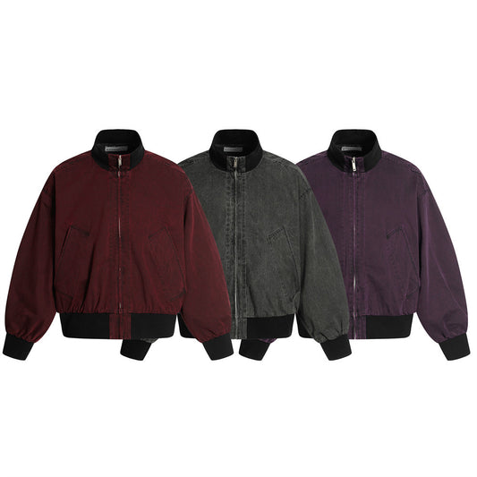 Men's Vintage Denim Jacket - Color Block Design, Stand Collar, Zipper