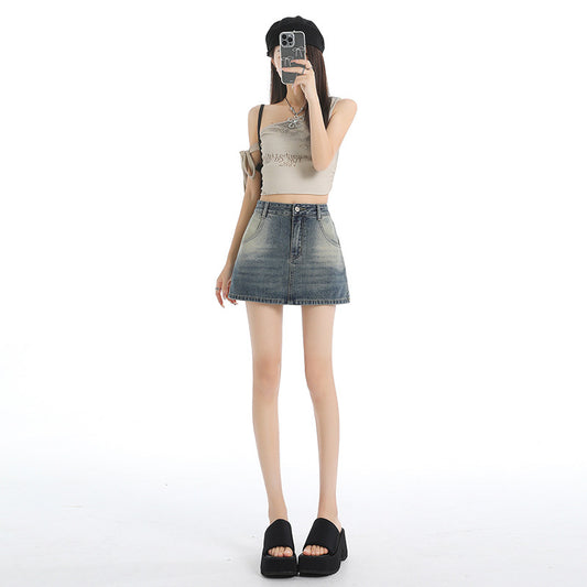 High-Waisted Vintage Denim A-Line Skirt for Women - Anti-See-Through Bodycon Short Skirt