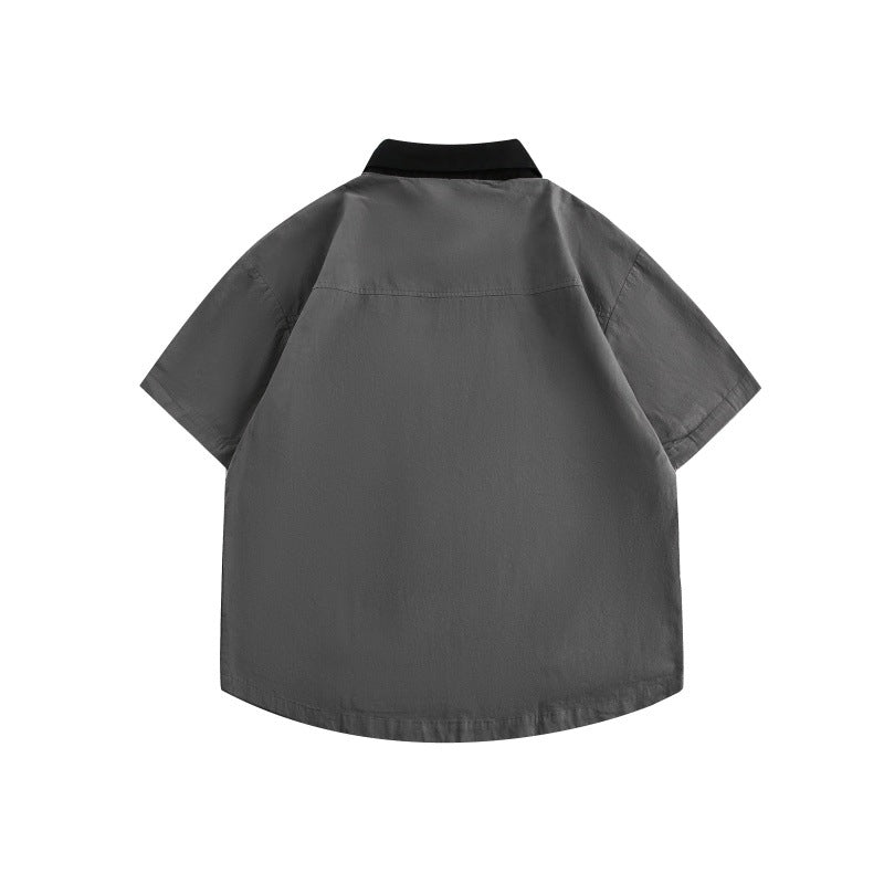 Minimally Embroidered Contrasting Collar Loose Workwear Short Sleeved Shirt for Men
