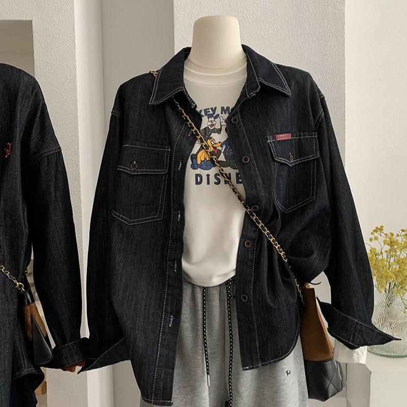 Warm Thickened Loose Mid-Length Open-Front Denim Jacket with Turn-Down Collar and Fleece Lining for Women