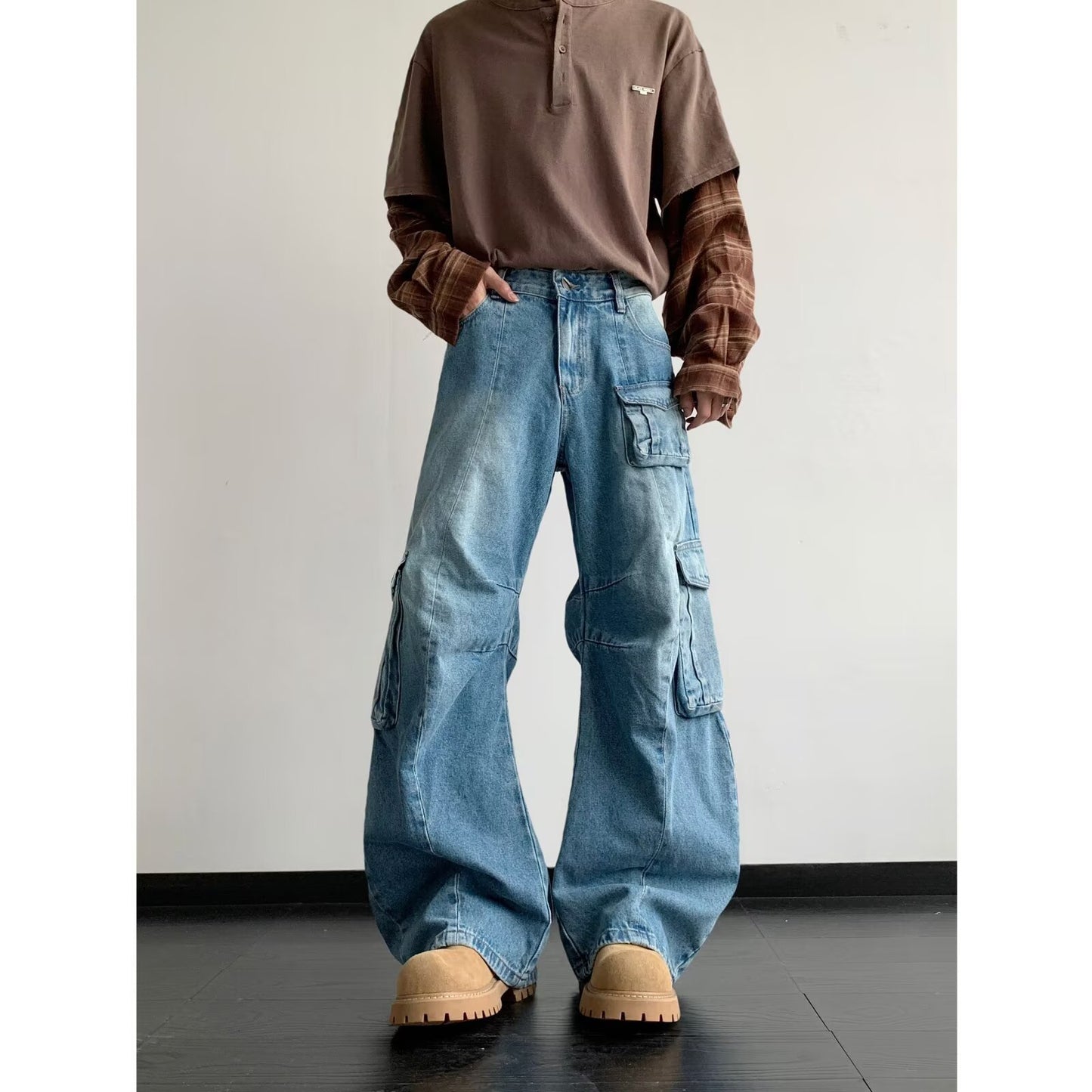 Multi Pocket Curved Knife Denim Loose Wide Leg Work Pants