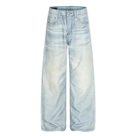 Retro Men's Denim Jeans, Distressed Washed Straight Leg, Loose Fit, Trendy Wide Leg Pants for Men