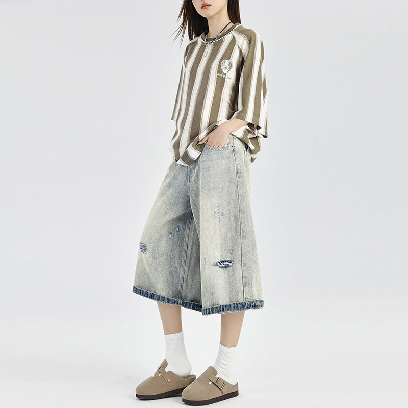 Women's Vintage Wide-Leg Ripped Denim Pants