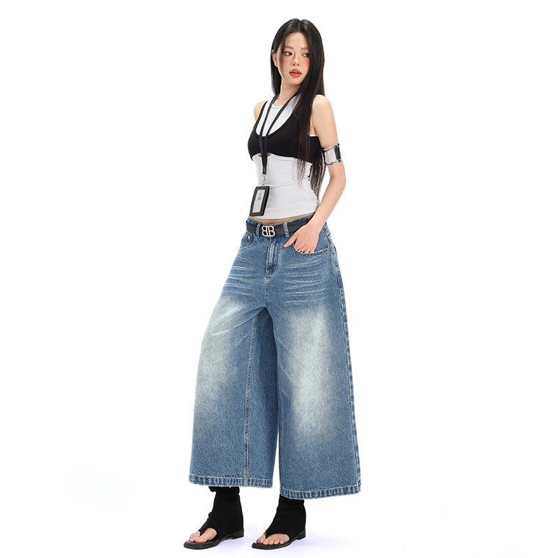 Women's Denim Cropped Pants - High Street Relaxed Fit Straight Leg