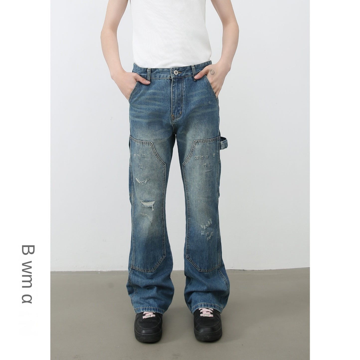 American Vintage Lumberjack Denim Trousers for Men | Water-Washed Distressed Loose Straight Leg Pants