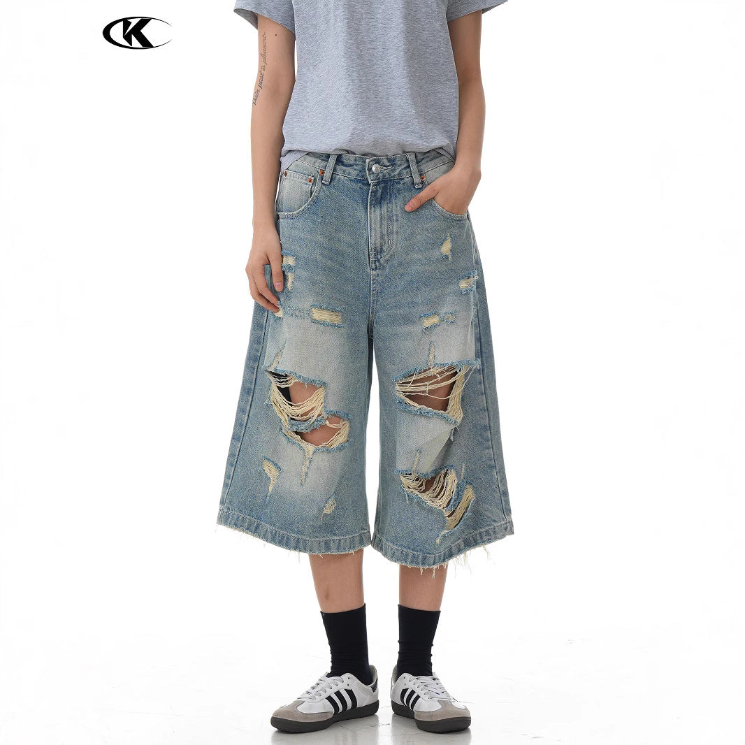 Design Seven-Quarter Denim Pants - Washed Loose Straight  Shorts