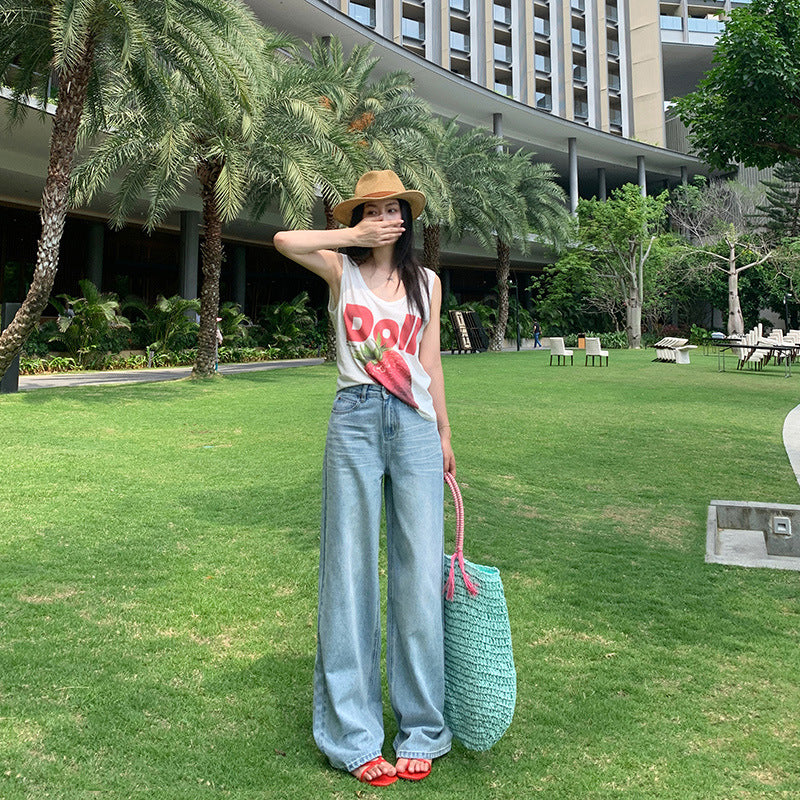 Women's Lightweight Washed Denim Summer High-Waist Wide-Leg Trousers