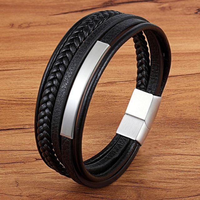Genuine Leather Bracelet for Men - Handmade Multilayer Magnet Charm