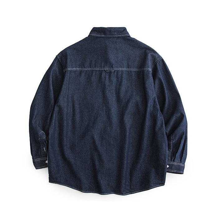 Patchwork Color-Block Loose Fit Workwear Long Sleeve Denim Shirt