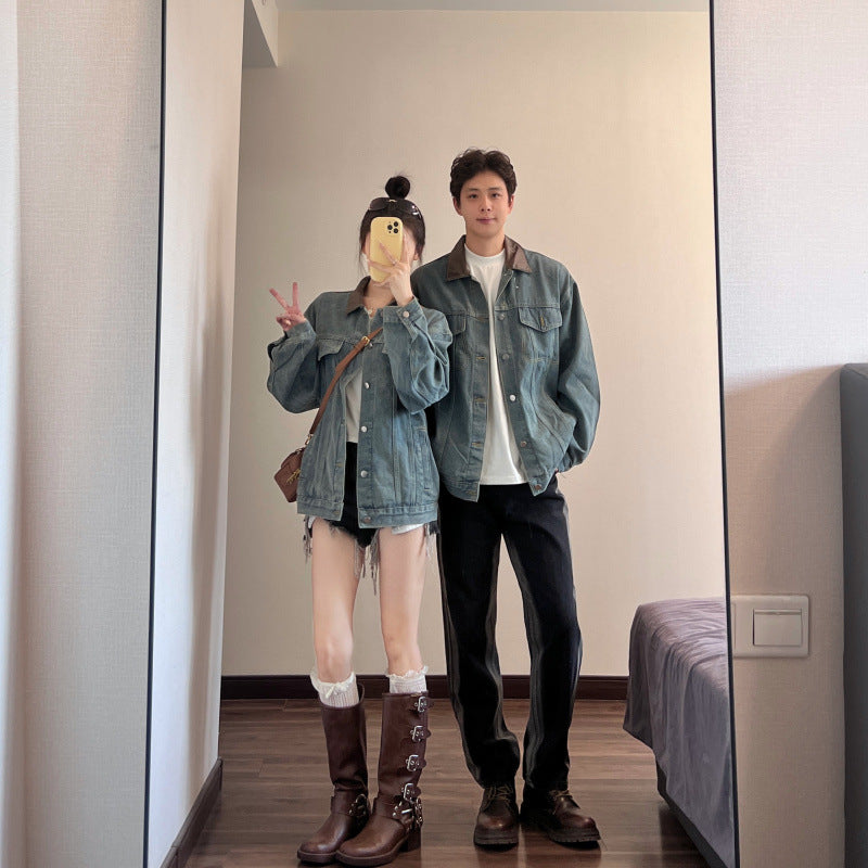 Retro Denim Jacket - Loose Fit Turn-down Collar