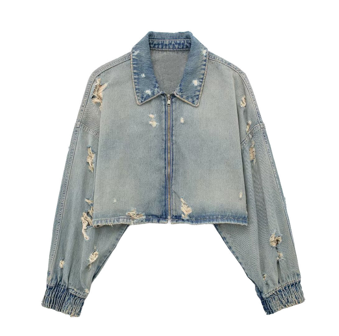Women's Autumn/Winter Ripped Crop Denim Jacket - Vintage Long Sleeve Zipper Streetwear