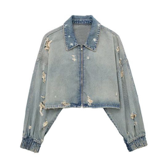 Women's Autumn/Winter Ripped Crop Denim Jacket - Vintage Long Sleeve Zipper Streetwear