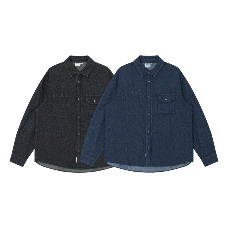Washed Denim Workwear Long Sleeve Shirt with Patch Pockets