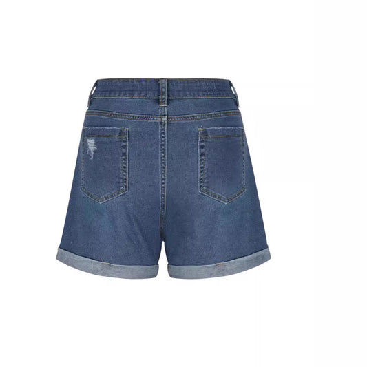 Elastic Straight Tube Worn-Out Rolled Edge Denim Shorts