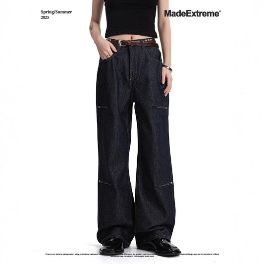 Deep Blue Straight Flared Wide Leg Denim Trousers