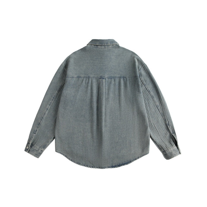 Minimally Washed Vintage Light Denim Long Sleeve Shirt for Men
