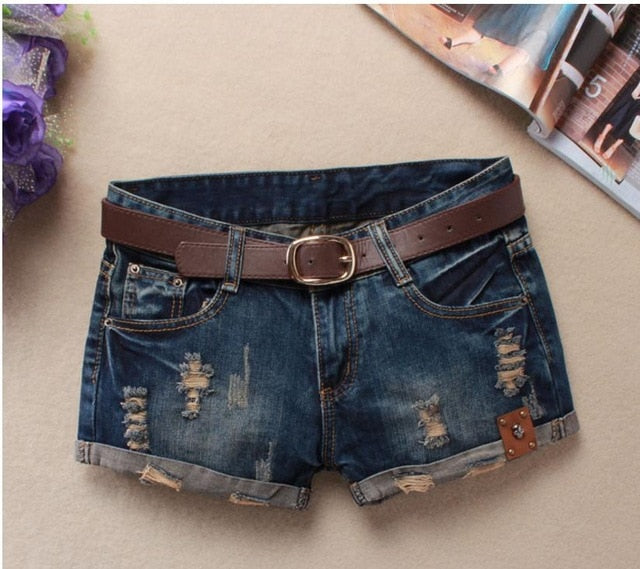 Women's Mini Low Waist Ripped Denim Shorts with Rivet Holes