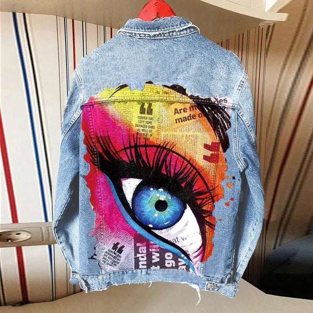 Women's  Lapel Denim Jacket with Mascara Eye Print Pattern