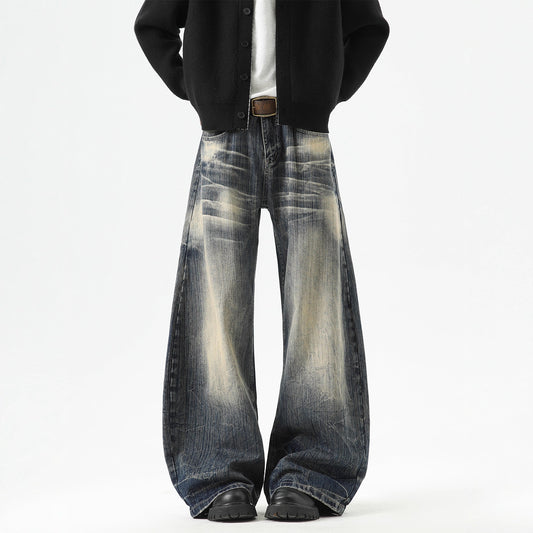 Lightning Pattern Denim Pants - High Street Washed Distressed Wide Leg