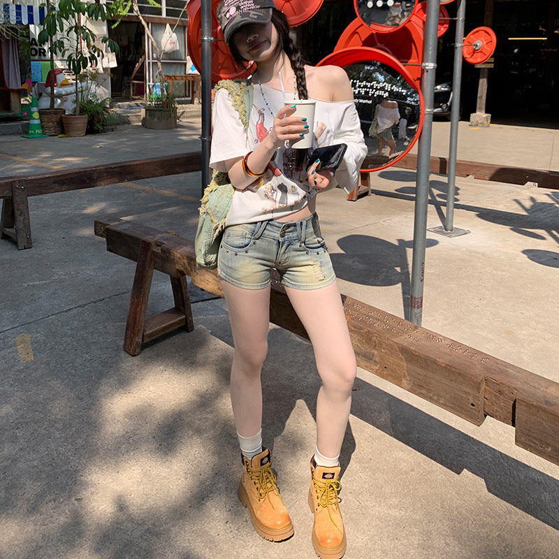 Low-Waist Studded Denim Ultra-Short Summer Skinny Ripped Hot Pants