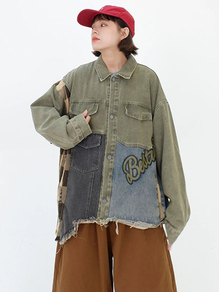 Irregular Patchwork Denim Coat for Women - Plaid Streetwear Oversized Jacket