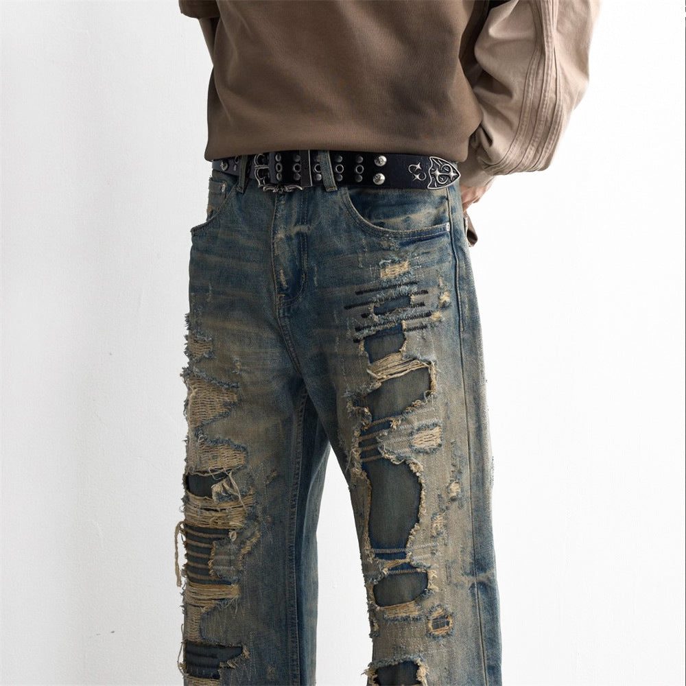 Ripped Patch Denim Pants — Distressed Punk Straight-Leg Mid Rise