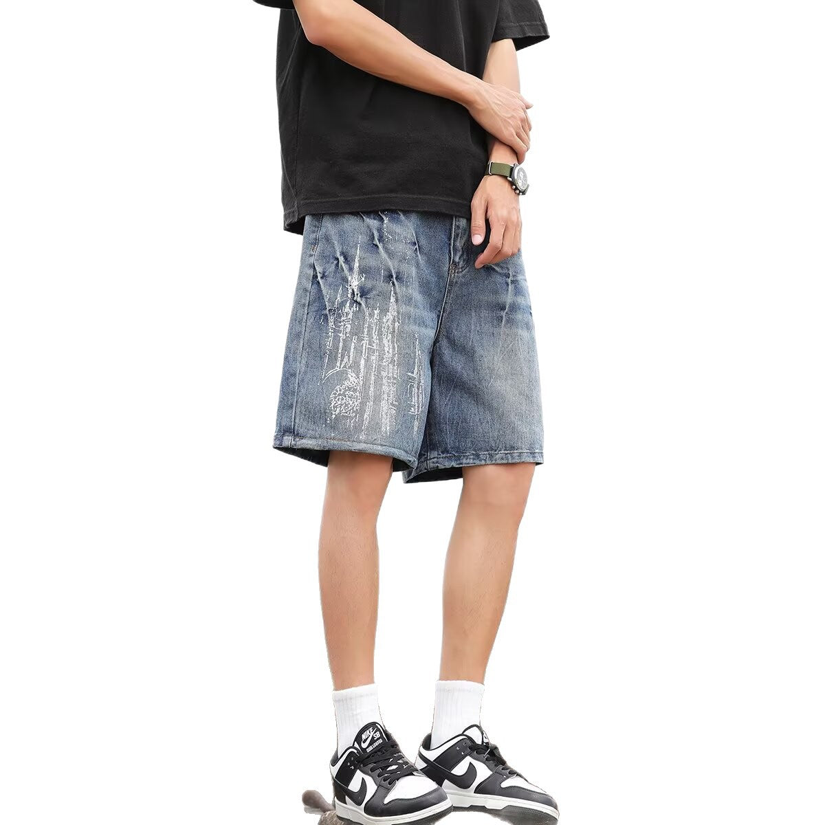 Washed Denim Loose Straight Leg Seven-Eighths Pants