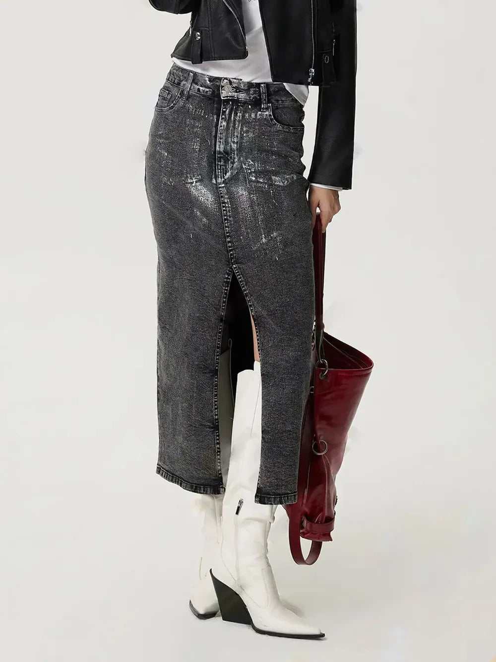 Premium Retro Silver Polished Japanese Denim Skirt
