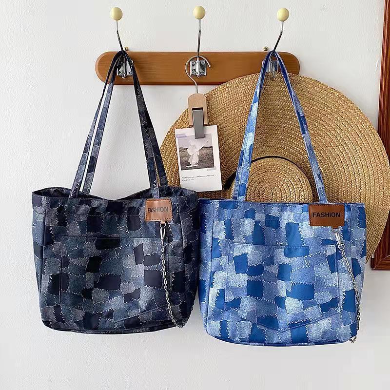 Trendy Women's One-Shoulder Denim Plaid Tote Bag
