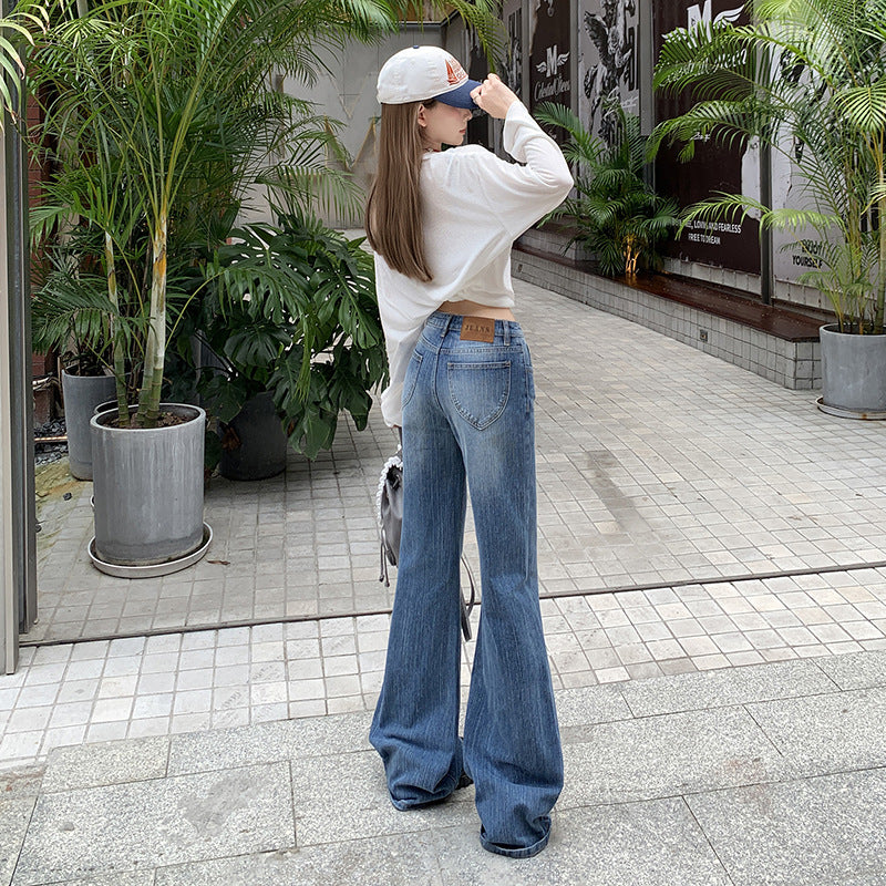 Women's Loose Flared Denim Pants - Low Waist Slimming Trumpet Floor-Length Trousers