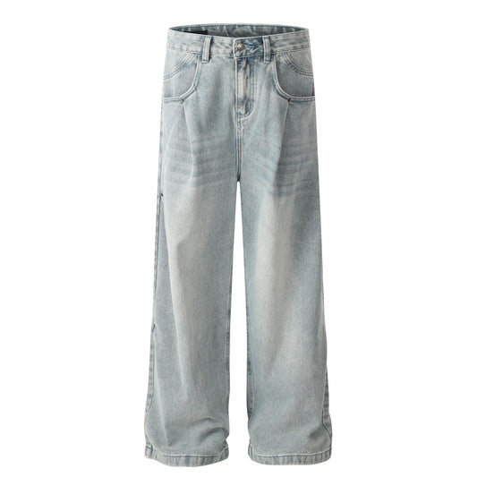 Men's Oversized Heavy Wash Denim Trousers with Pleats
