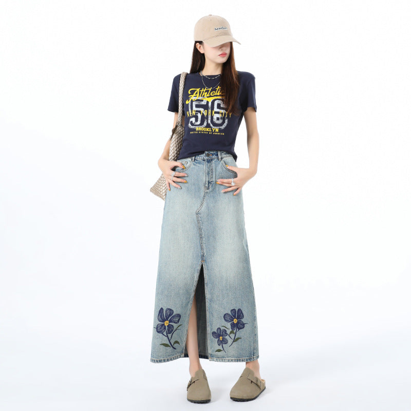 Embroidered Floral Denim Skirt for Women - High Waist Slim Fit Midi A-Line Dress