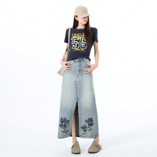 Embroidered Floral Denim Skirt for Women - High Waist Slim Fit Midi A-Line Dress
